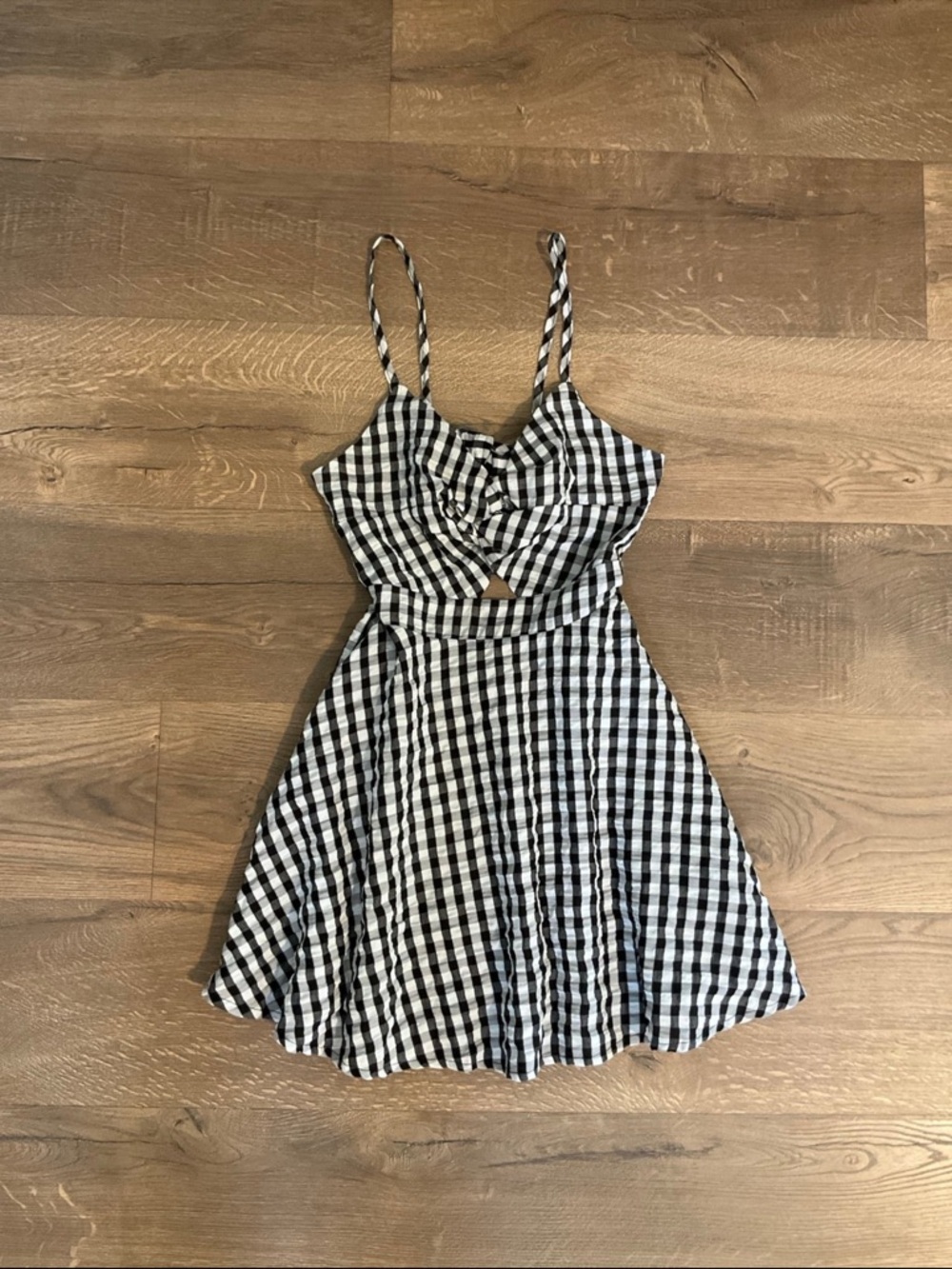 Black white gingham spaghetti strap back cutout mini dress, S